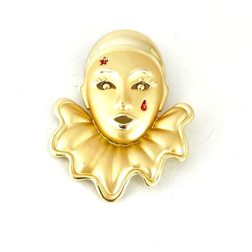 Vintage Gold Tone Clown Brooch Pin Pierrot Harlequin Estate Jewelry